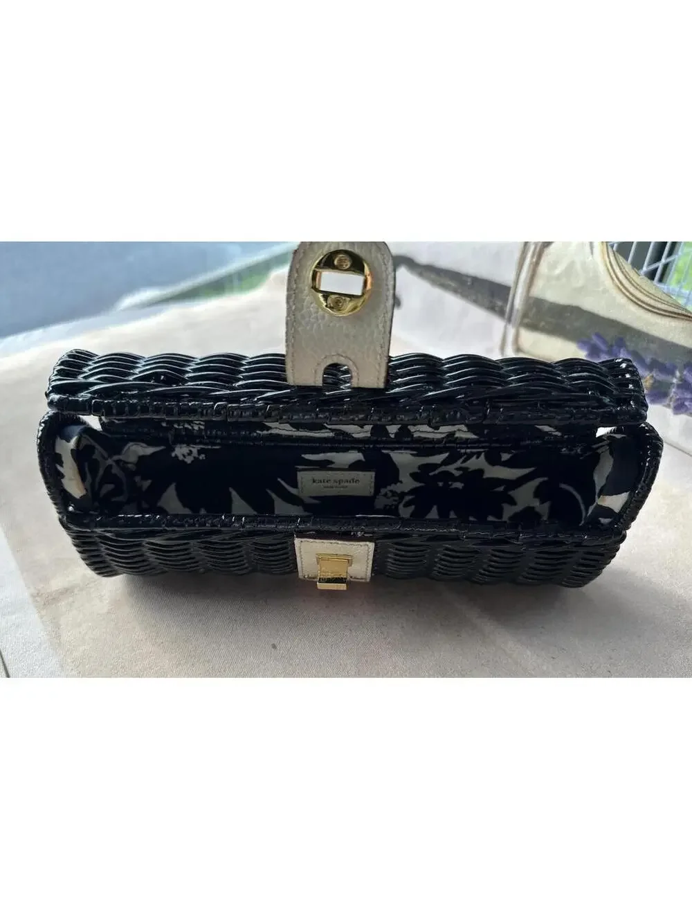 Vintage 90's Kate Spade New York Straw Wicker Black & Cream Colored Clutch